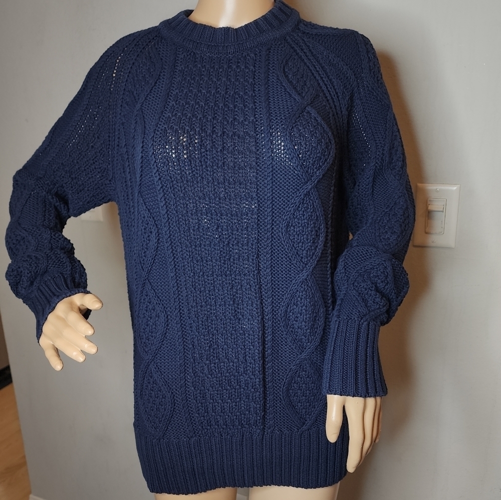 J. Crew Cable Knit Navy Blue Sweater Women's Size Medium 100% Cotton